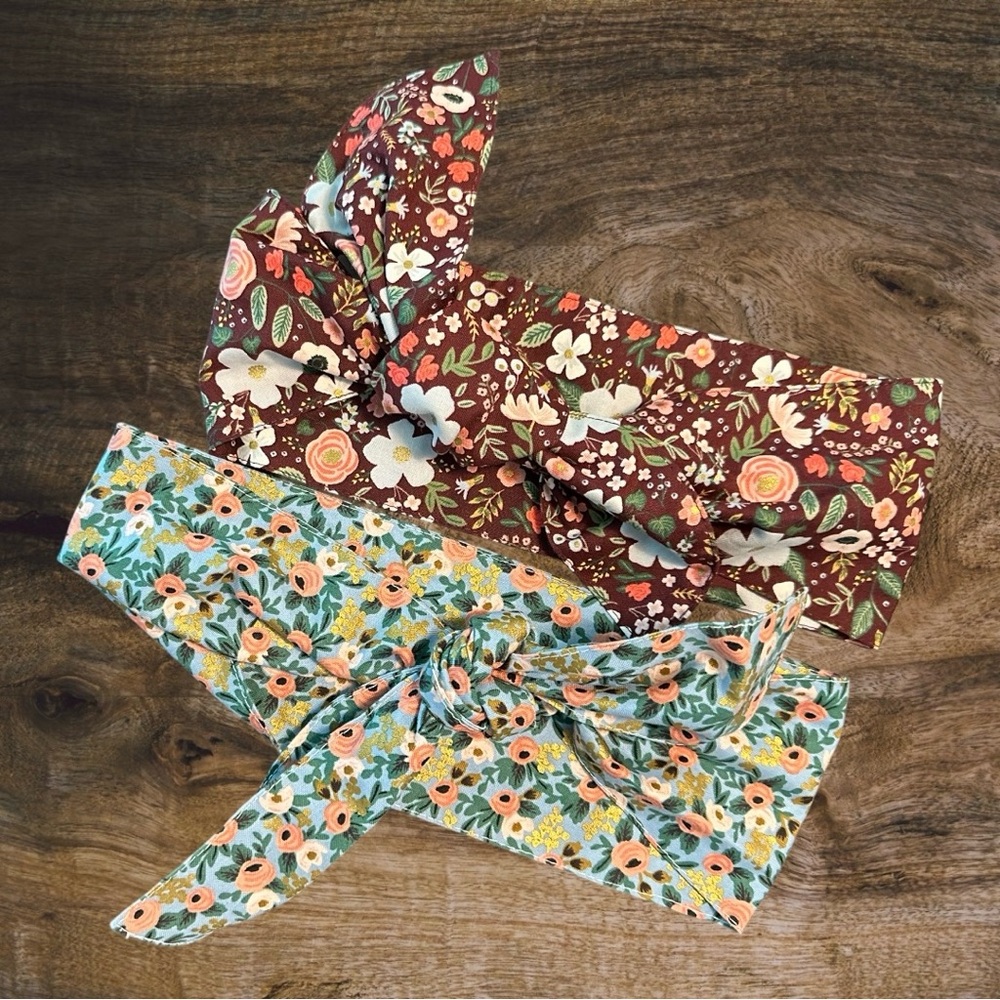Maroon Wild Floral/Blue Floral Set/2 Wide Band Tie Wrap Bow Headband Multi-Color